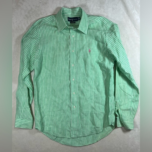 Polo Ralph Lauren Medium 100% Linen Light Green Striped Summer Lightweight Shirt - Picture 4 of 9